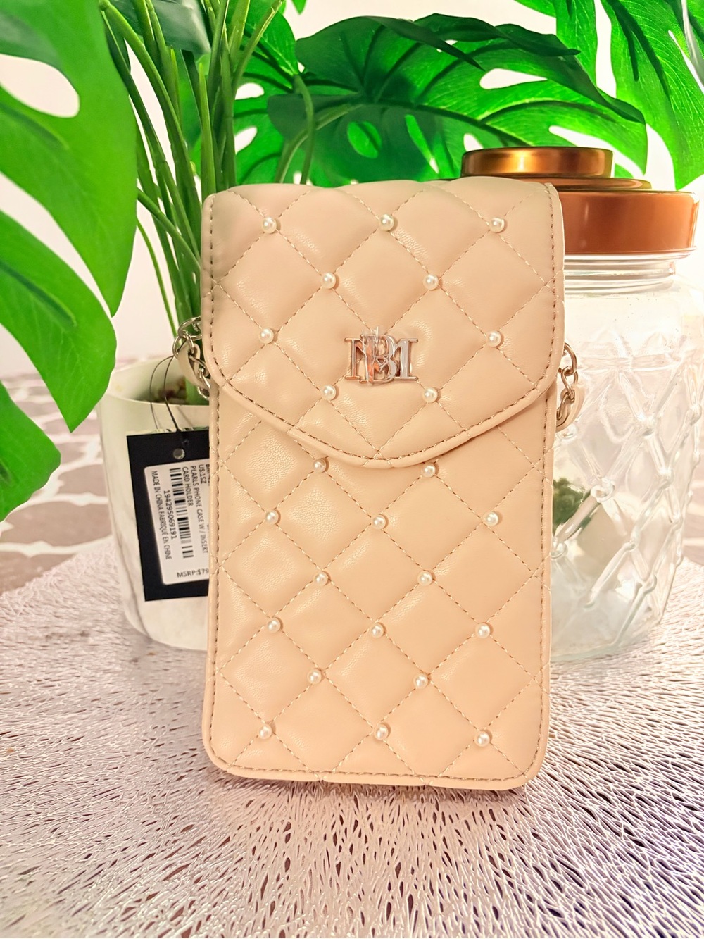 Badgley Mischka Quilted Pearls Phone Case Card Pocket Off White NWT